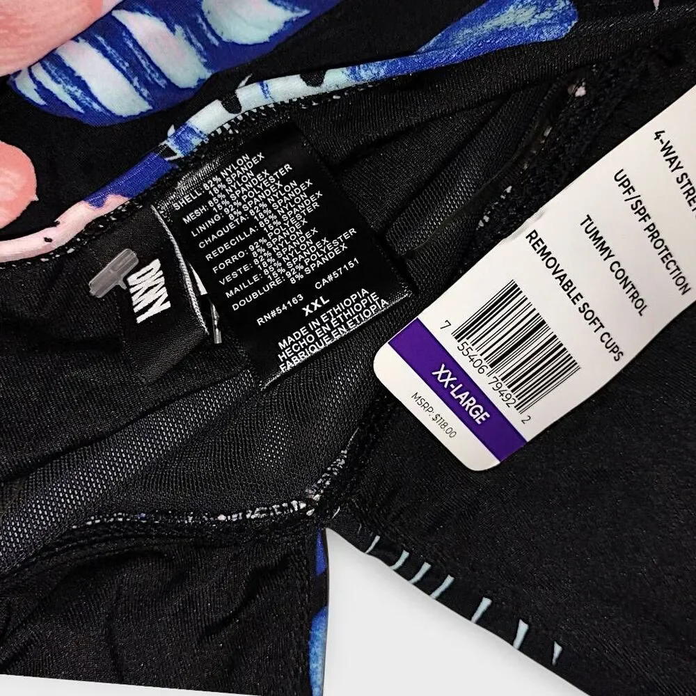 DKNY Womens Swimsuit Sz XXL Floral Navy Halter Tie High Cut Legs Ruched Tummy NW - Picture 8 of 8